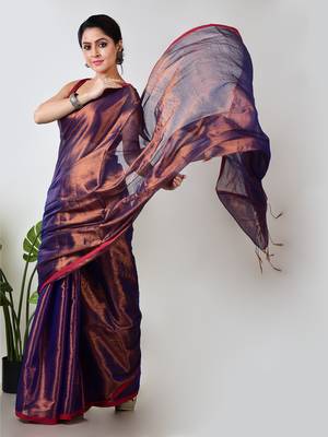 copper & blue handloom tissue saree with unstitched blouse piece 4