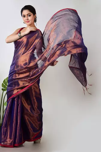 copper & blue handloom tissue saree with unstitched blouse piece