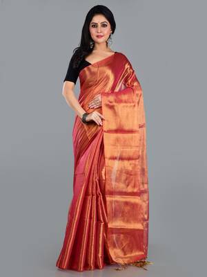 Aakar orange handloom tissue saree with unstitched blouse piece 1