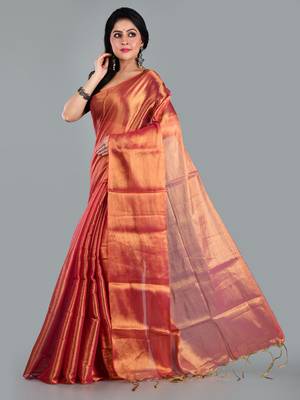 Aakar orange handloom tissue saree with unstitched blouse piece 2