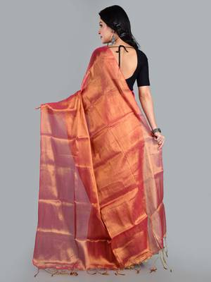 Aakar orange handloom tissue saree with unstitched blouse piece 3