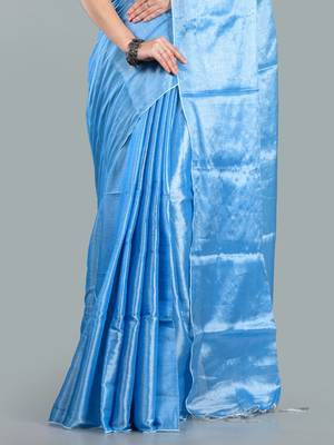 Aakar ocean blue handloom tissue saree with unstitched blouse piece 3