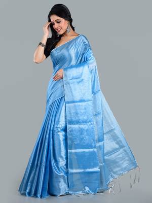 Aakar ocean blue handloom tissue saree with unstitched blouse piece 4