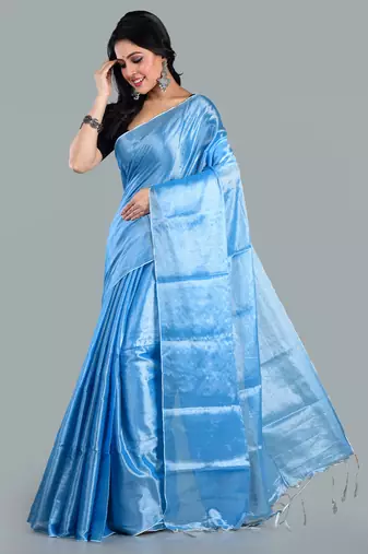 Aakar ocean blue handloom tissue saree with unstitched blouse piece