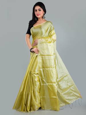 Aakar neon green handloom tissue saree with unstitched blouse piece 2