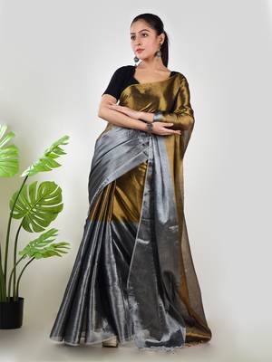 Aakar gold & silver handloom tissue saree with unstitched blouse piece 1