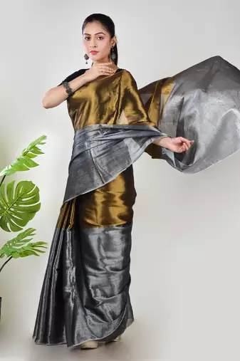 Aakar gold & silver handloom tissue saree with unstitched blouse piece