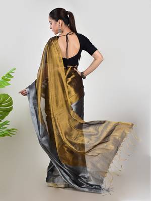 Aakar gold & silver handloom tissue saree with unstitched blouse piece 3