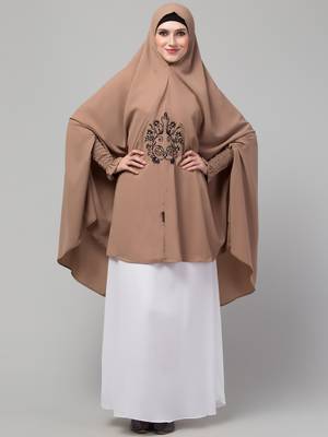 Nazneen Matt nida Front Embroidery stretchable smoking at wrist knee length Skin colour Jilbab cum prayer khimar Hijab 1
