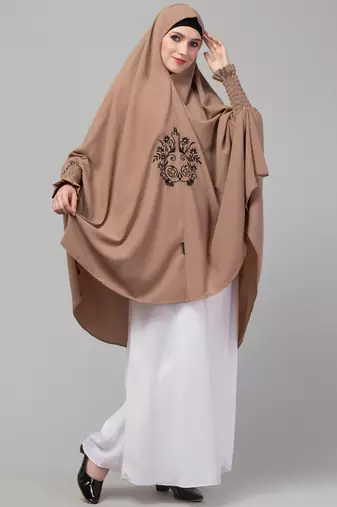 Nazneen Matt nida Front Embroidery stretchable smoking at wrist knee length Skin colour Jilbab cum prayer khimar Hijab