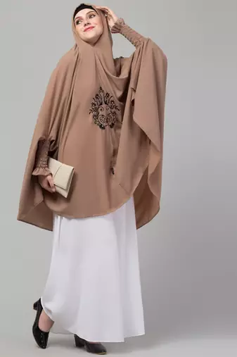 Nazneen Matt nida Front Embroidery stretchable smoking at wrist knee length Skin colour Jilbab cum prayer khimar Hijab