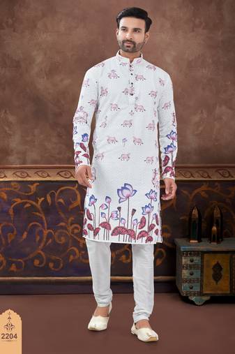 Degital printed with full amrodery chicken kari thred work kurta pajama set