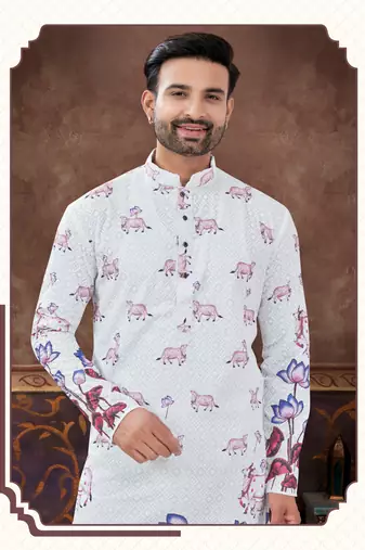 Degital printed with full amrodery chicken kari thread work kurta pajama set