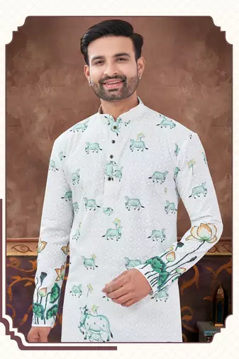 Degital printed with full amrodery chicken kari thread work kurta pajama set