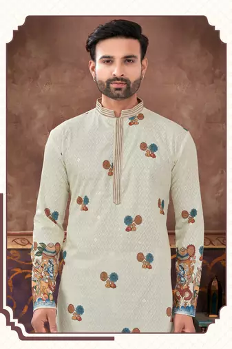 Degital printed with full amrodery chicken kari thread work kurta pajama set