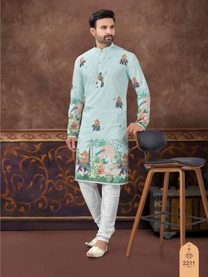 Degital printed with full amrodery thread work kurta pajama set 1
