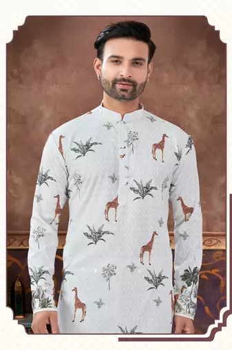 Degital printed with full amrodery chicken kari thread work kurta pajama set