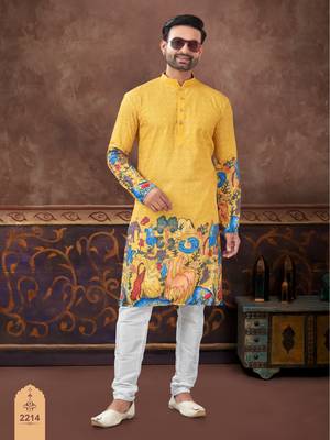 yellow digital printed and embroidered kurta pyjama set 1