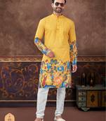 yellow digital printed and embroidered kurta pyjama set