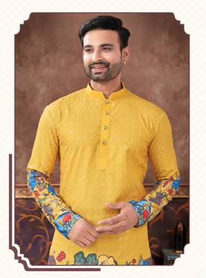 yellow digital printed and embroidered kurta pyjama set 2