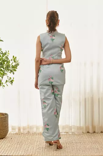 Soft blue polka dot pantsuit