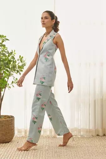 Soft blue polka dot pantsuit