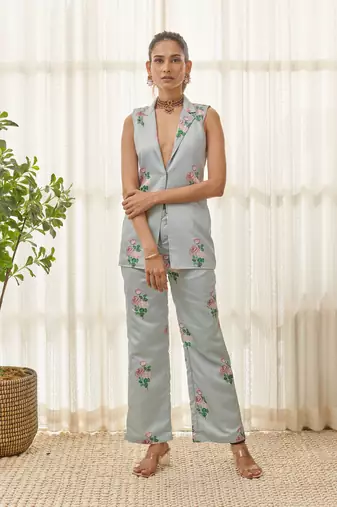 Soft blue polka dot pantsuit