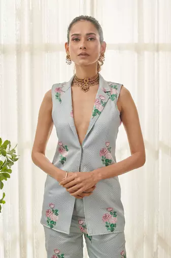 Soft blue polka dot pantsuit