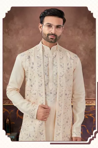Full computer amrodery sequence, hand work, star & thread work long jacket kurta pajama set