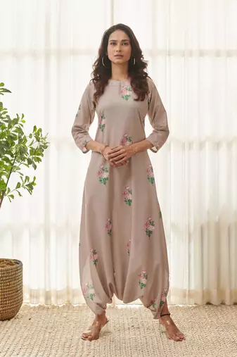 Mocha brown polka dot dhoti jumpsuit