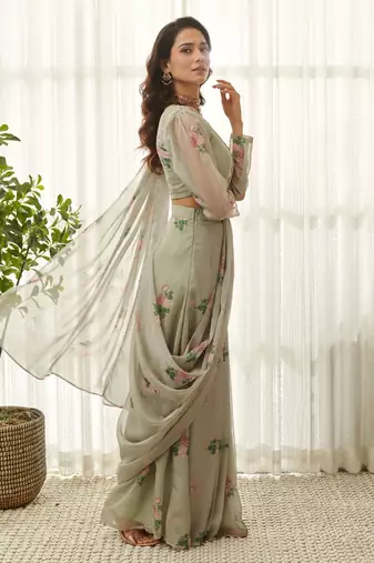 Moss green ready saree set