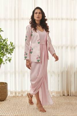 Sweet pink polka dot saree dress & blazer 3