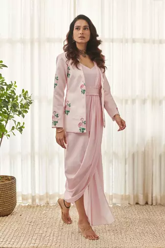 Sweet pink polka dot saree dress & blazer