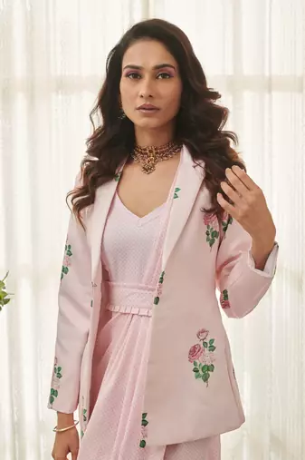 Sweet pink polka dot saree dress & blazer