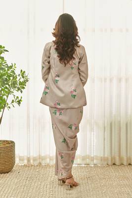 Mocha brown polka dot saree dress & blazer 2