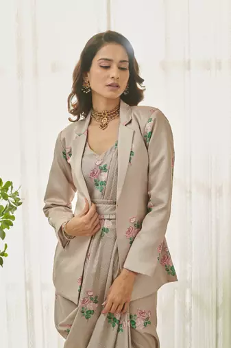 Mocha brown polka dot saree dress & blazer