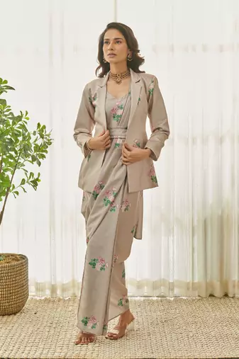 Mocha brown polka dot saree dress & blazer