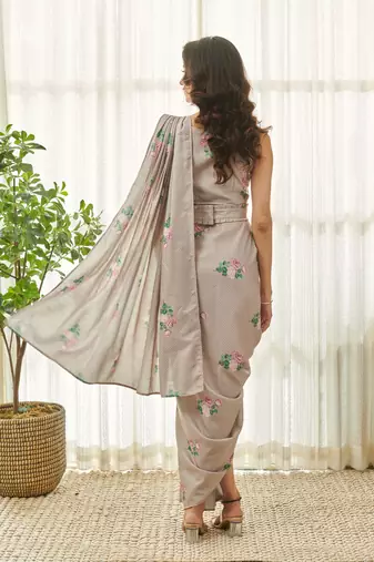 Mocha brown polka dot saree dress