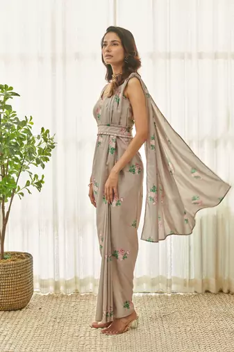 Mocha brown polka dot saree dress