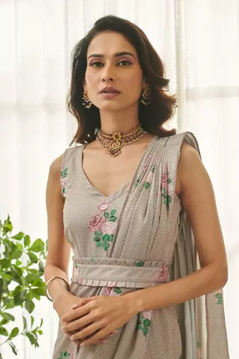 Mocha brown polka dot saree dress