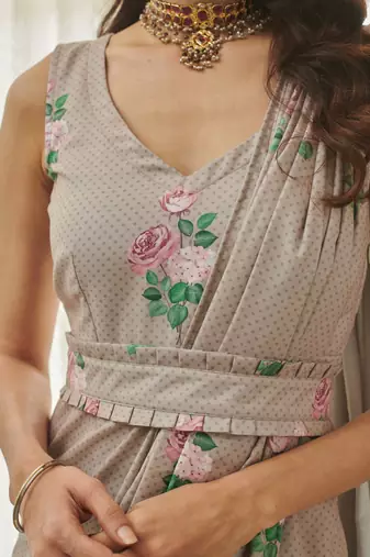 Mocha brown polka dot saree dress