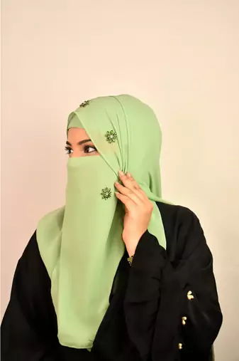 Green luxury bridal wedding wear hijab scarf   with stonework