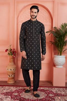 black jacquard silk brocade kurta churidar pyjama set for men traditional wear 1