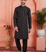 black jacquard silk brocade kurta churidar pyjama set for men traditional wear