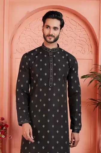 black jacquard silk brocade kurta churidar pyjama set for men traditional wear