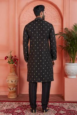 black jacquard silk brocade kurta churidar pyjama set for men traditional wear 4
