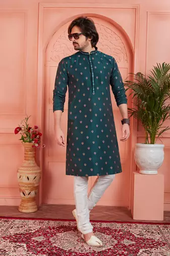 green jaqurd silk brocade kurta churidar