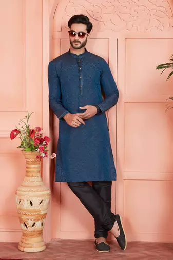 blue jaqurd silk brocade kurta churidar