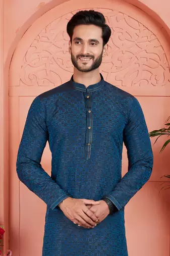 blue jaqurd silk brocade kurta churidar