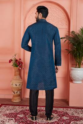 blue jaqurd silk brocade kurta churidar 4